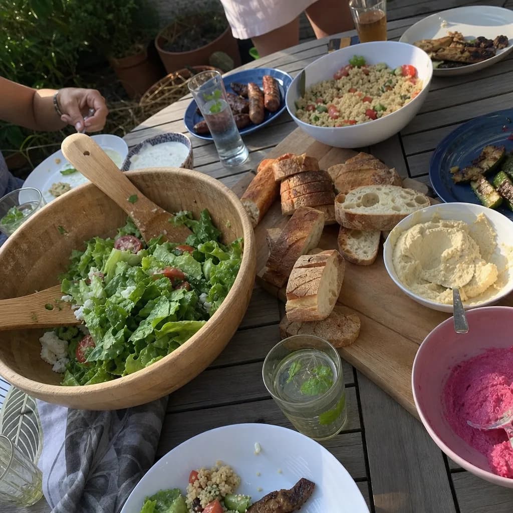 Mitbringtisch mit Salat und Snacks