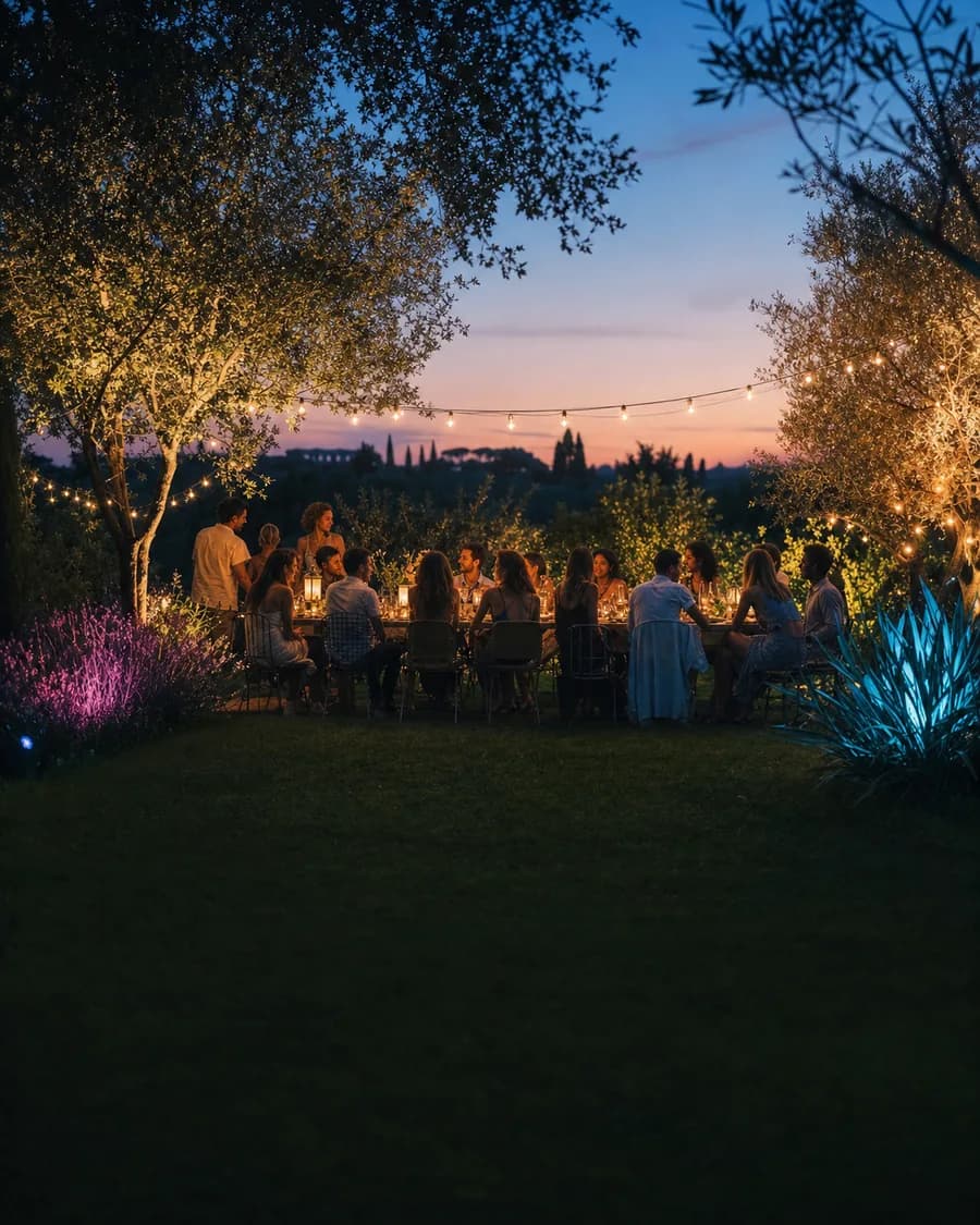 Freunde bei einem sommerlichen Gartenfest am Abend