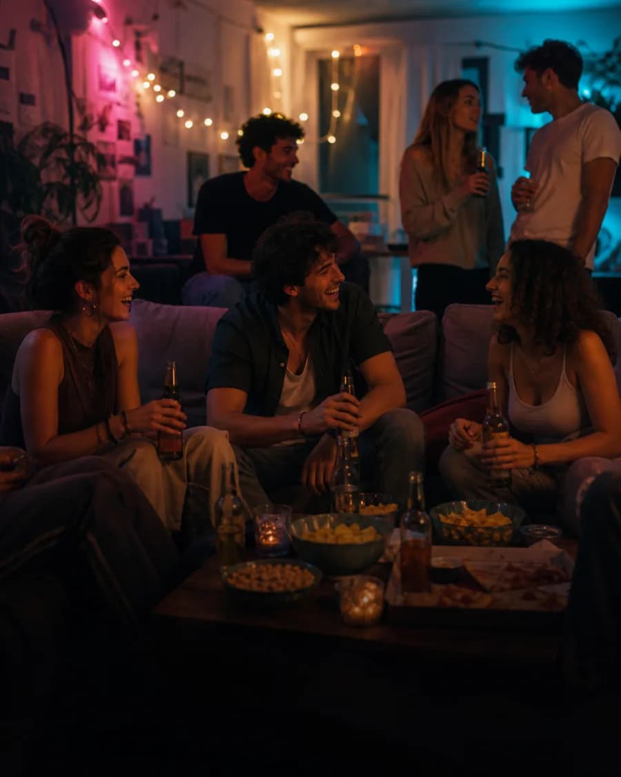 Studierende feiern eine lockere WG-Party in einer gemütlich beleuchteten Wohnung